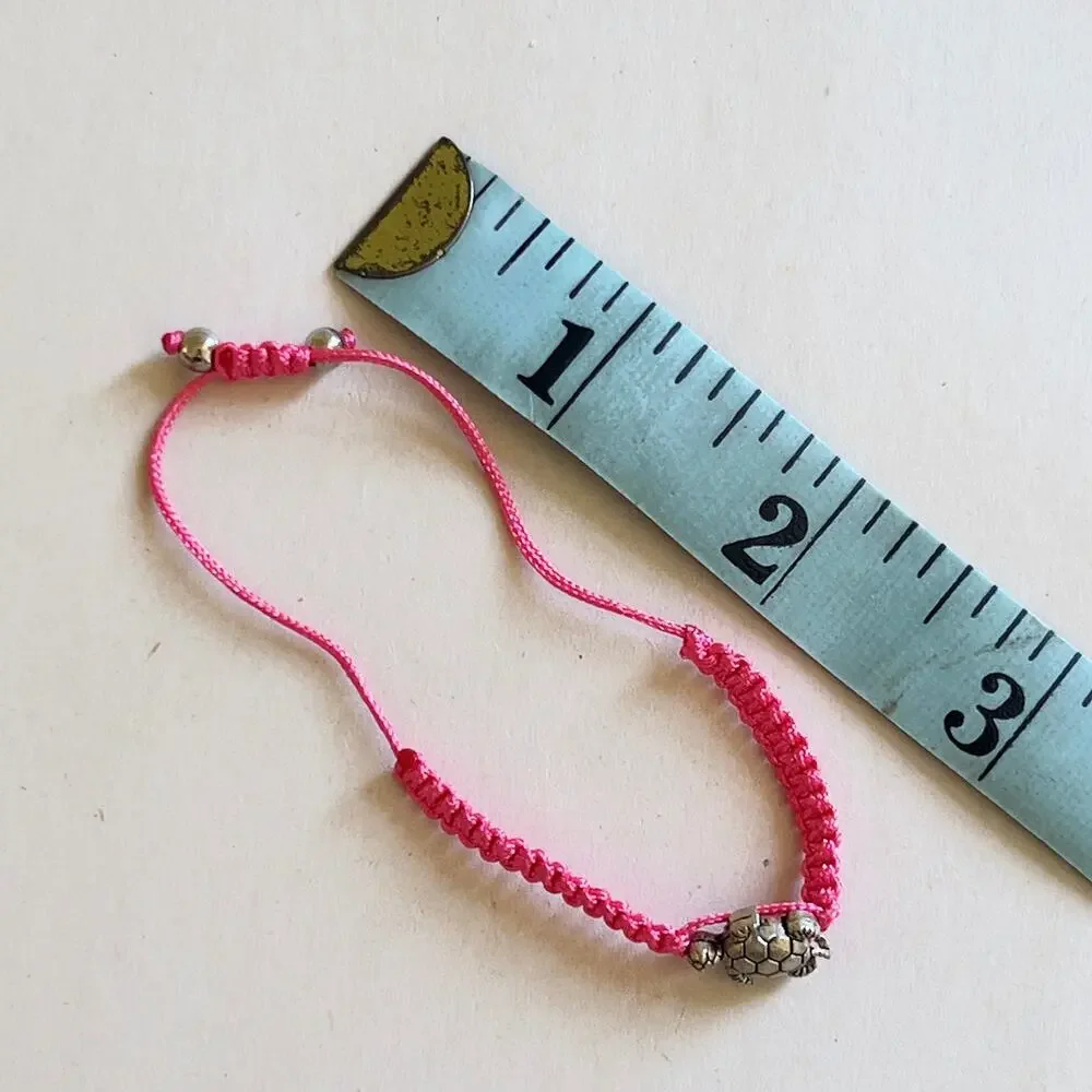 Turtle Pink Adjustable Bracelet Silver Tone Charm Children's Size Handmade